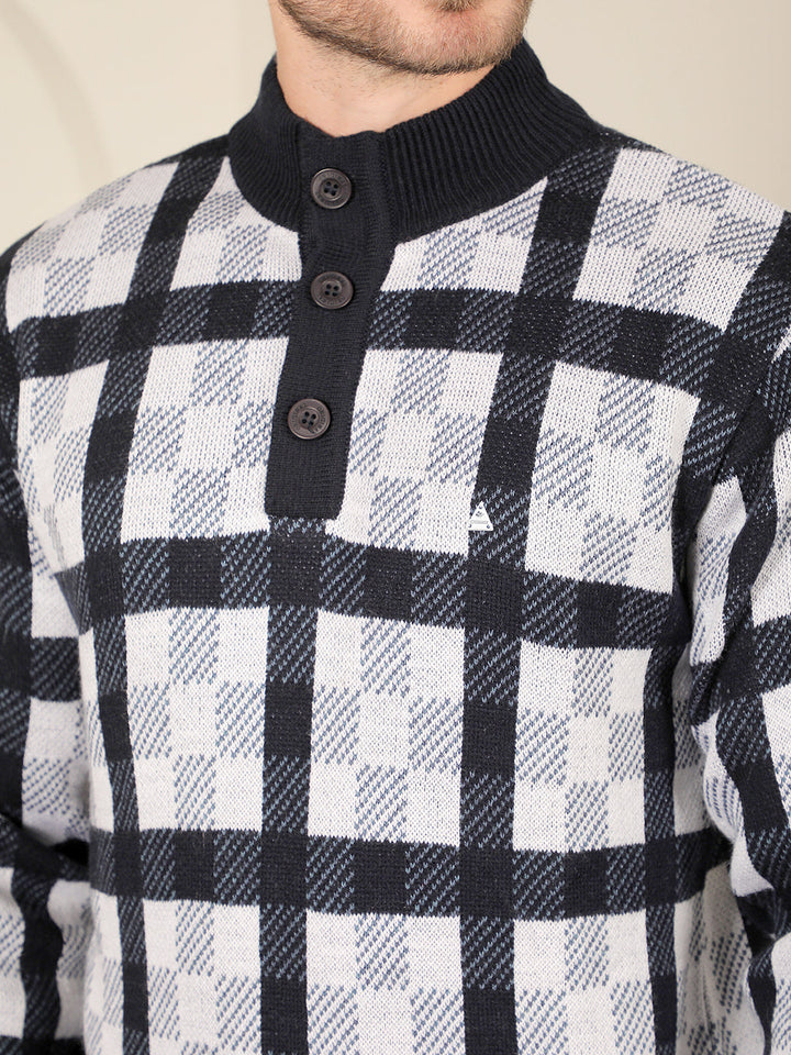 cobb navy white checked round neck half-button sweater