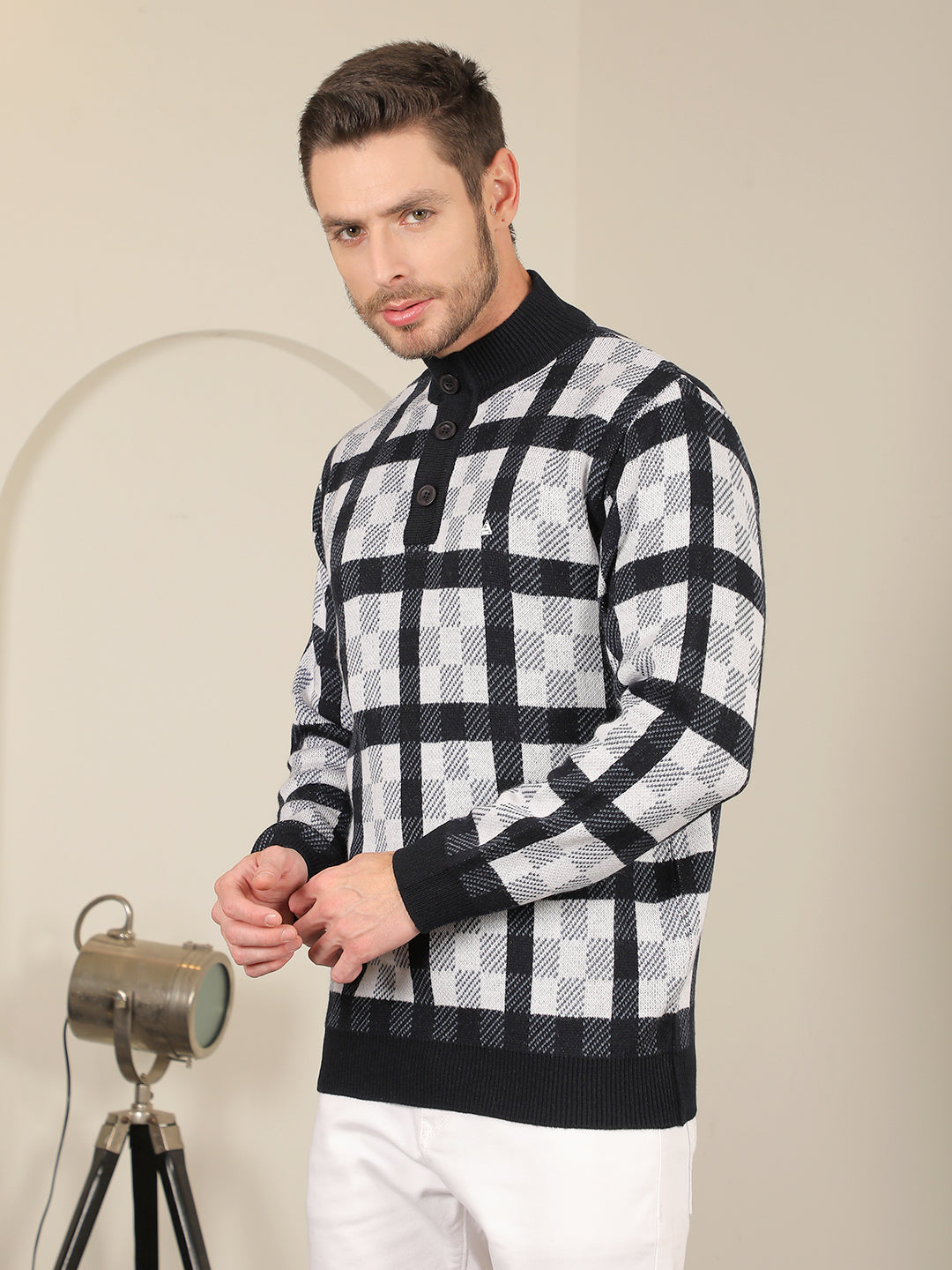 COBB NAVY WHITE CHECKED ROUND NECK HALF-BUTTON SWEATER