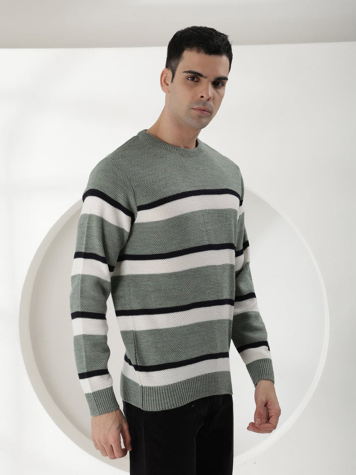 COBB LIGHT GREEN STRIPED ROUND NECK SWEATER