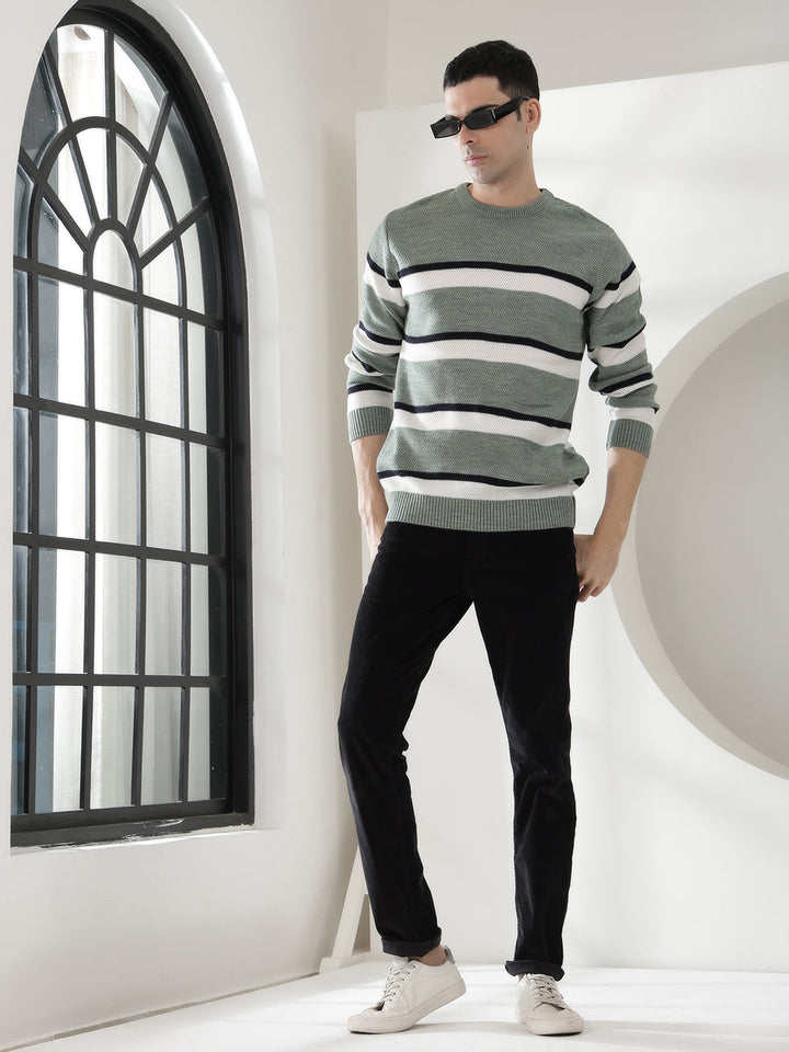 COBB LIGHT GREEN STRIPED ROUND NECK SWEATER