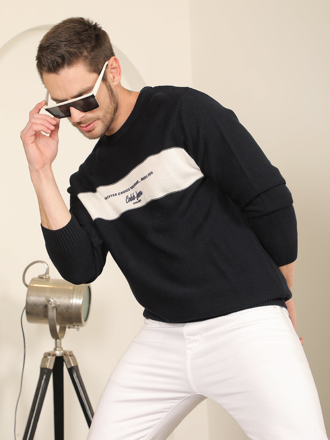 cobb navy cream colour block round neck sweater