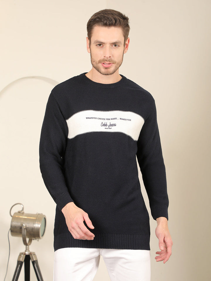 cobb navy cream colour block round neck sweater