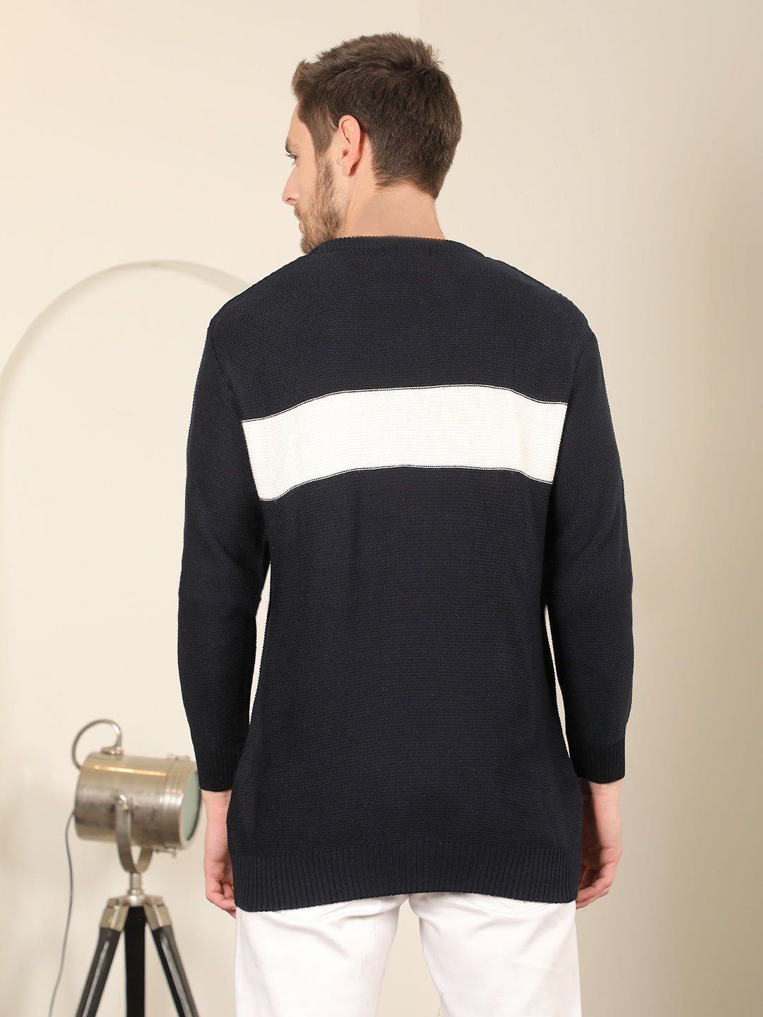 cobb navy cream colour block round neck sweater