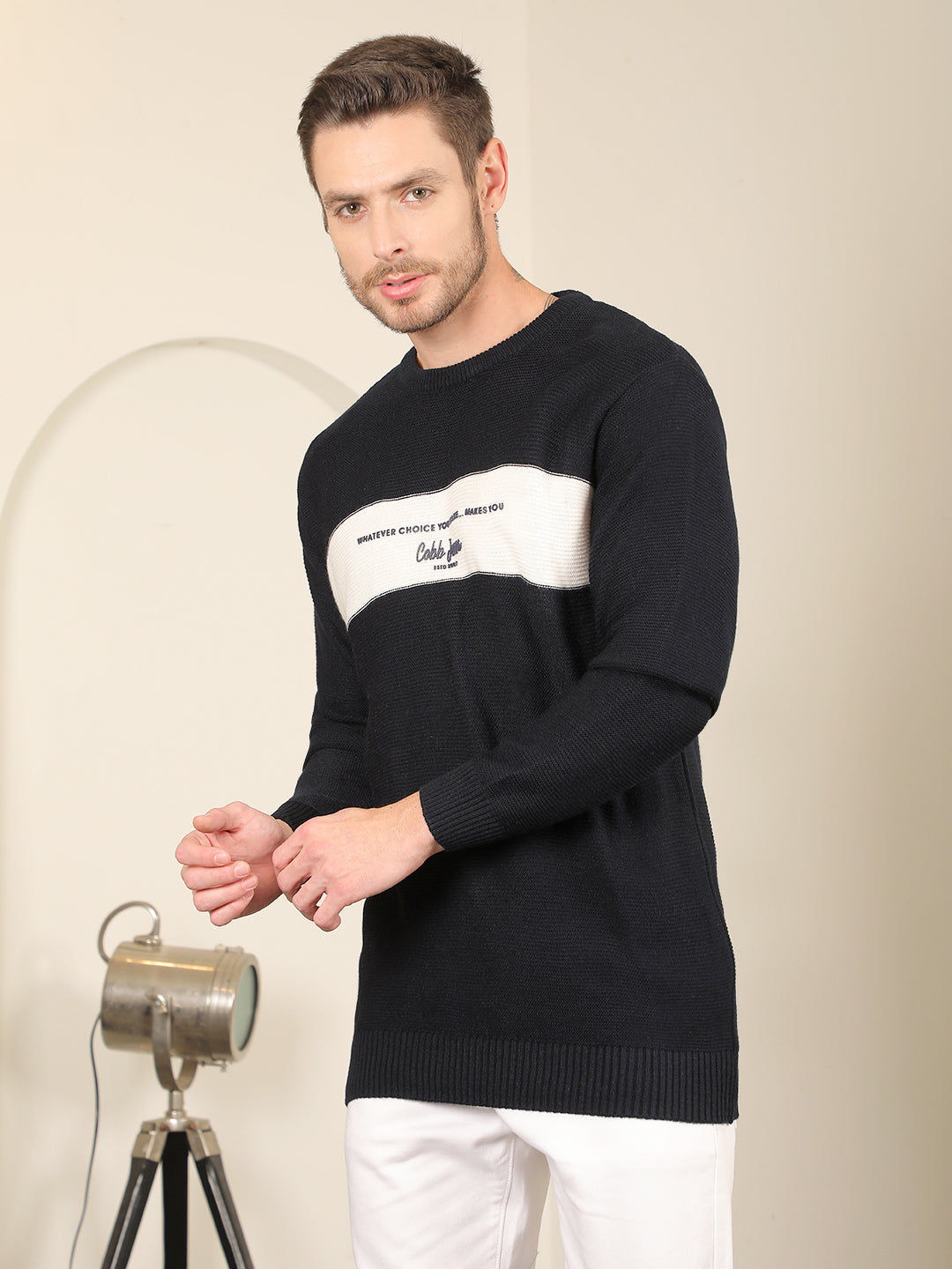 COBB NAVY CREAM COLOUR BLOCK ROUND NECK SWEATER