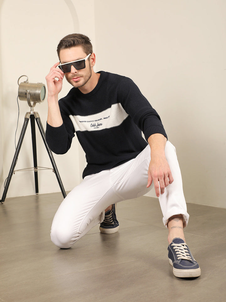 COBB NAVY CREAM COLOUR BLOCK ROUND NECK SWEATER