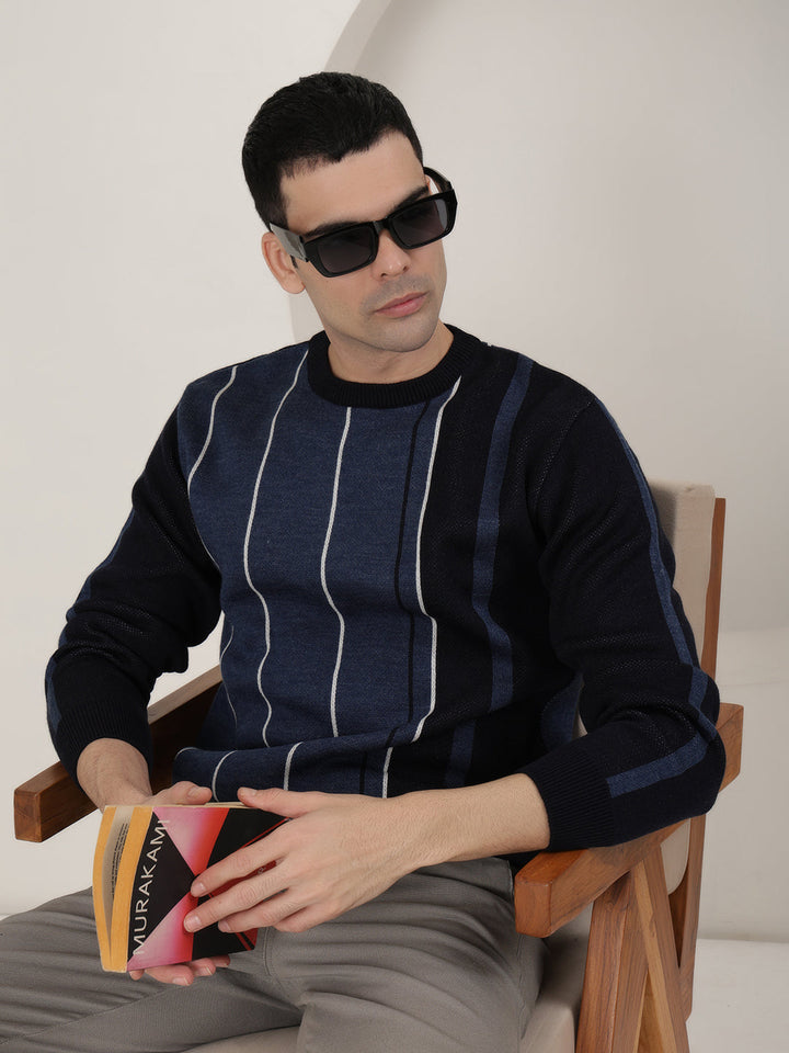 cobb royal blue striped round neck sweater