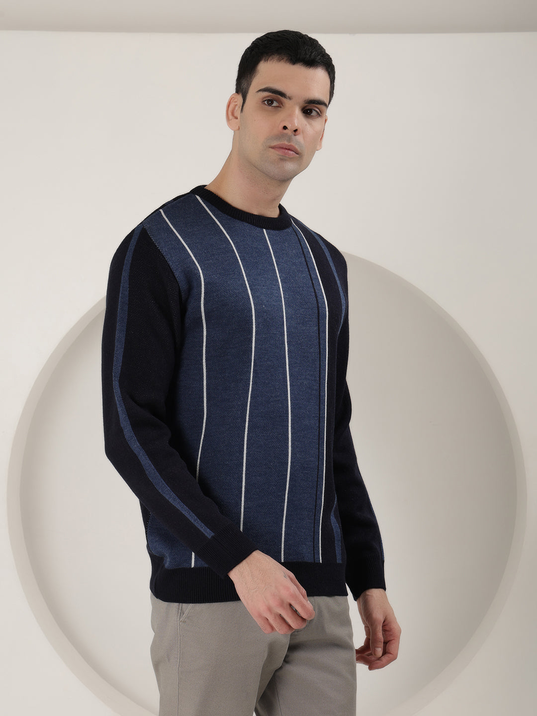 COBB ROYAL BLUE STRIPED ROUND NECK SWEATER