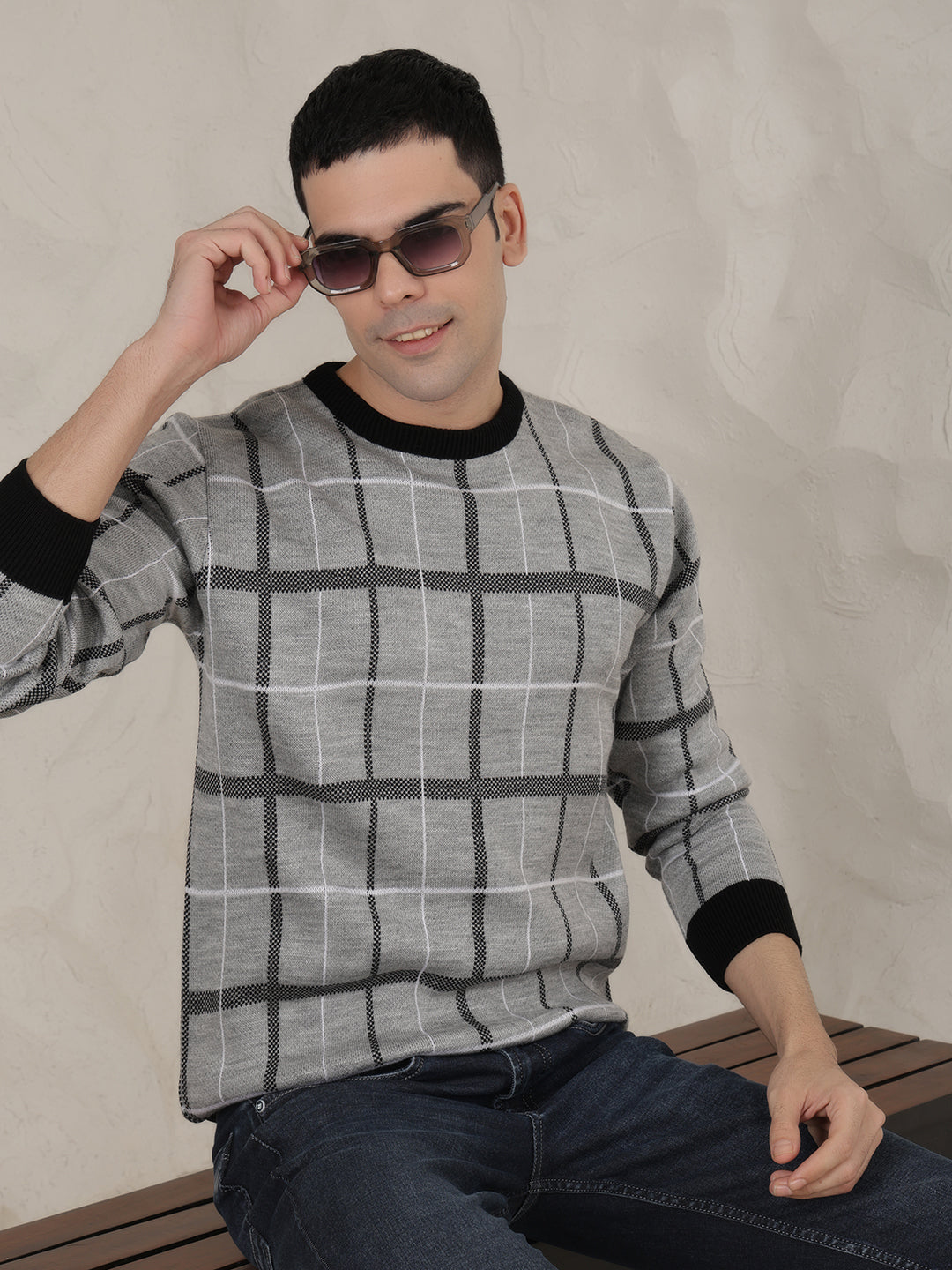 cobb light grey checked round neck sweater