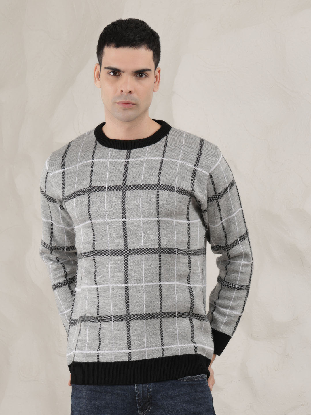 cobb light grey checked round neck sweater