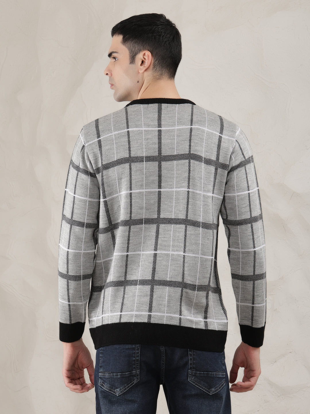 cobb light grey checked round neck sweater