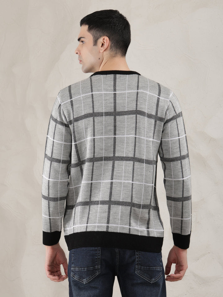 cobb light grey checked round neck sweater