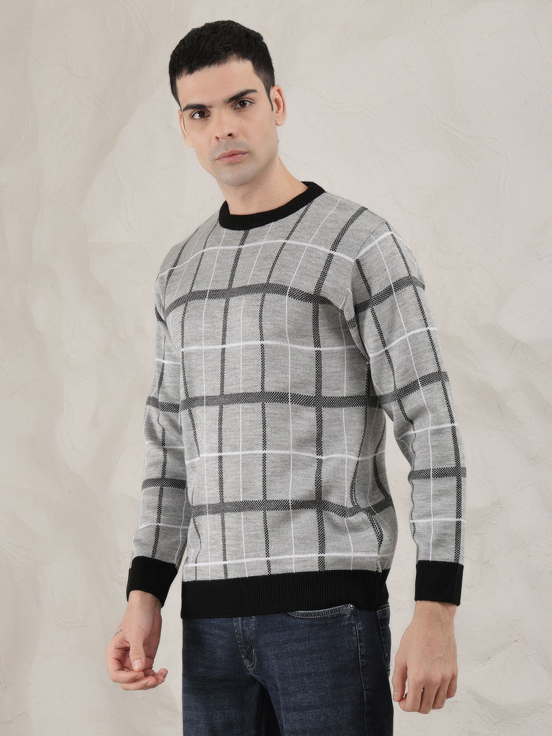 COBB LIGHT GREY CHECKED ROUND NECK SWEATER