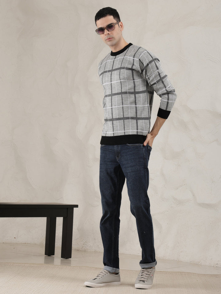 COBB LIGHT GREY CHECKED ROUND NECK SWEATER