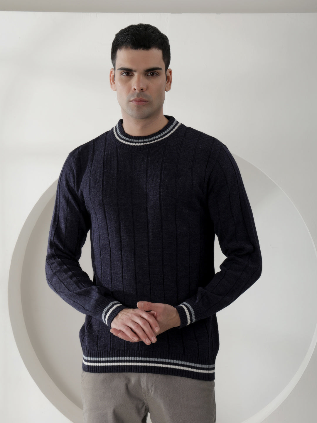 cobb navy blue striped round neck sweater