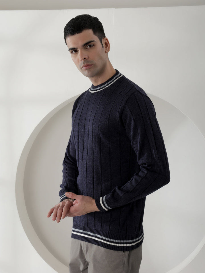 COBB NAVY BLUE STRIPED ROUND NECK SWEATER