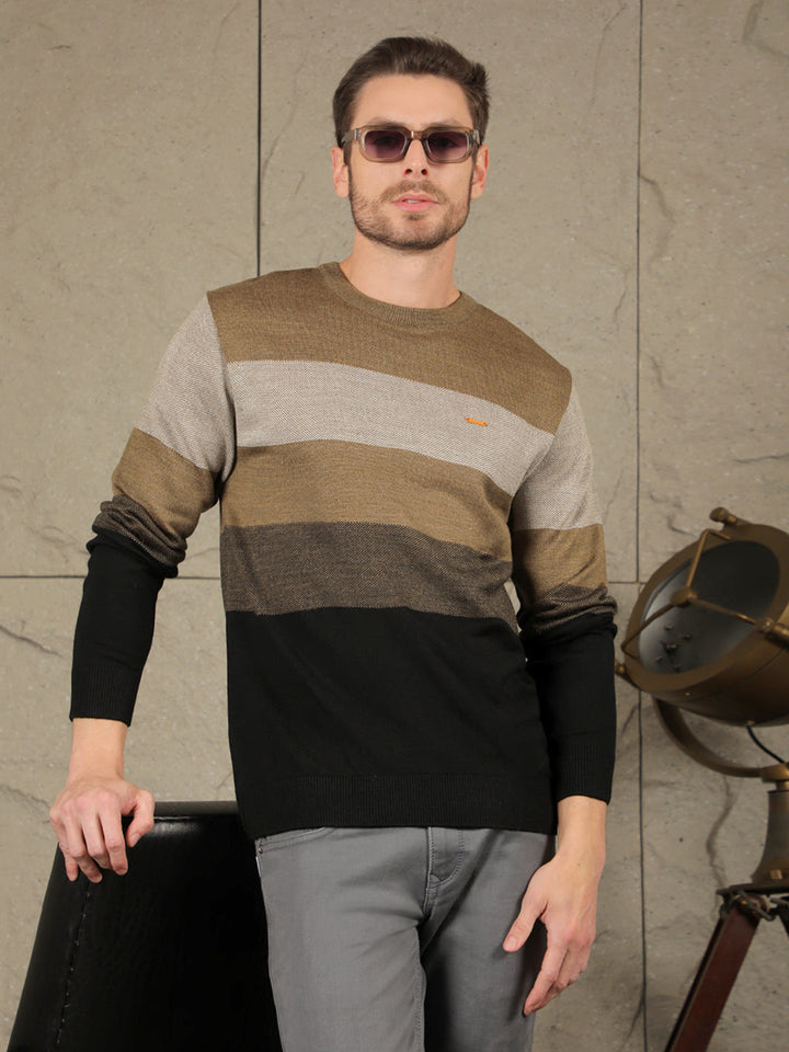 cobb brown black colour block round neck sweater