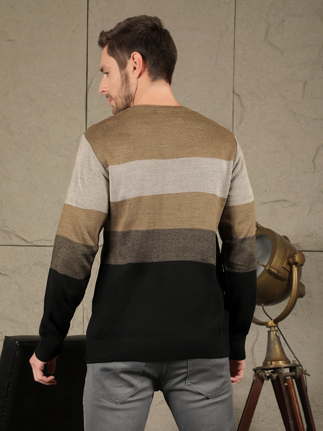 cobb brown black colour block round neck sweater