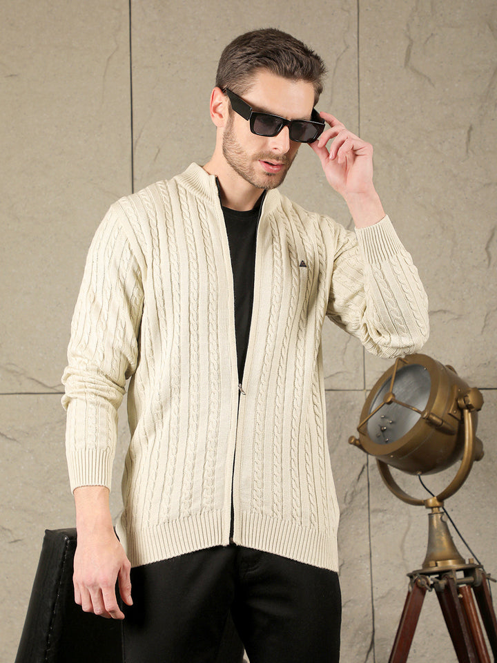 cobb beige self-design round neck zip-up sweater