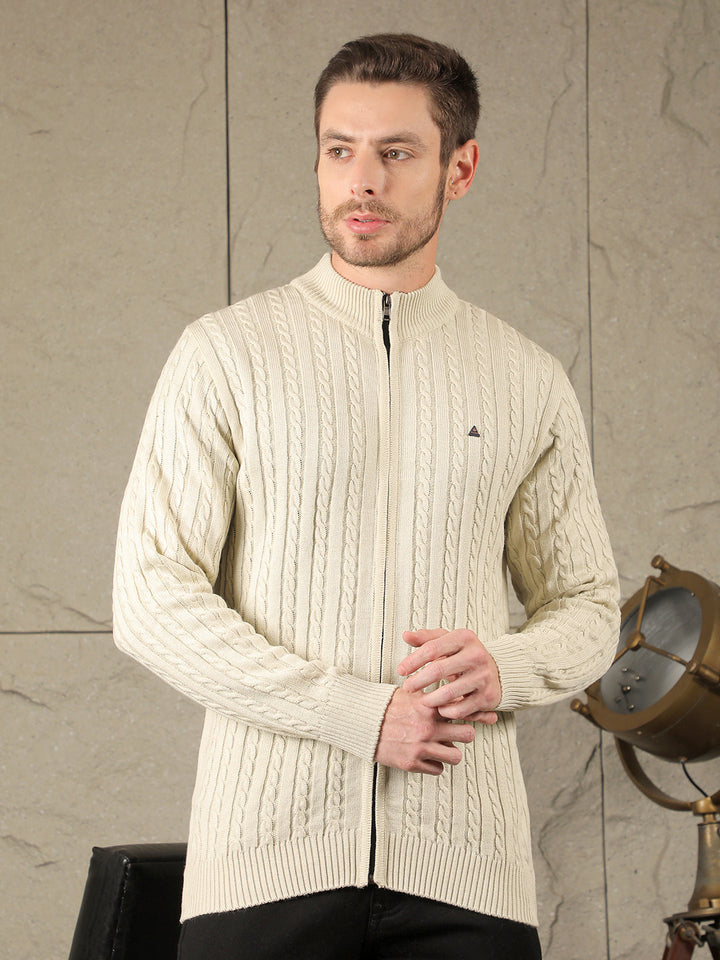 cobb beige self-design round neck zip-up sweater