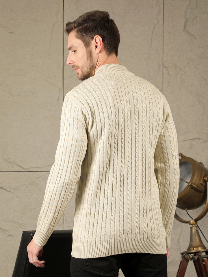 cobb beige self-design round neck zip-up sweater