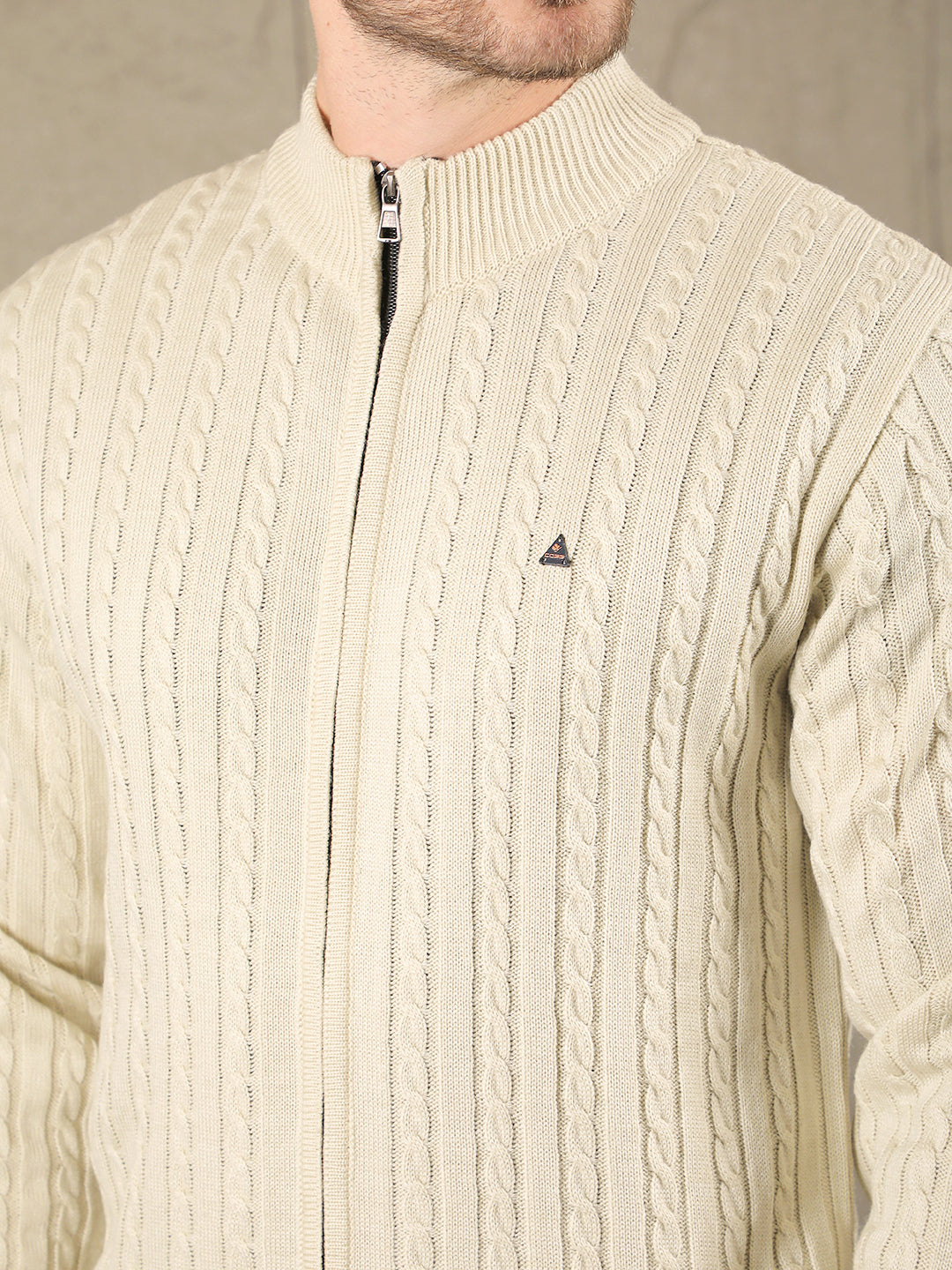 cobb beige self-design round neck zip-up sweater