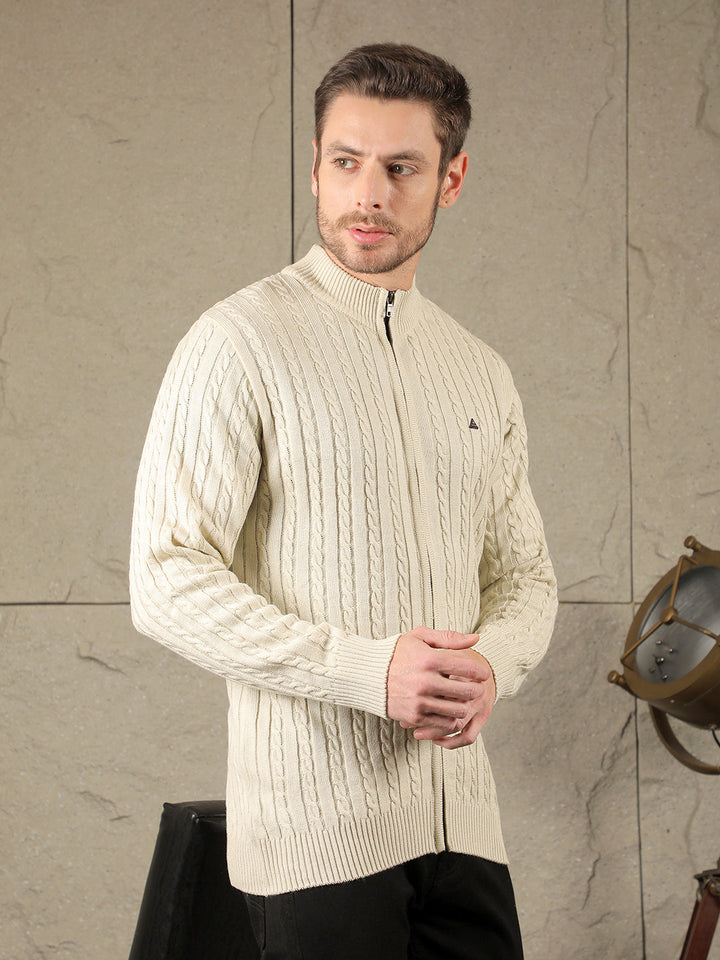 COBB BEIGE SELF-DESIGN ROUND NECK ZIP-UP SWEATER