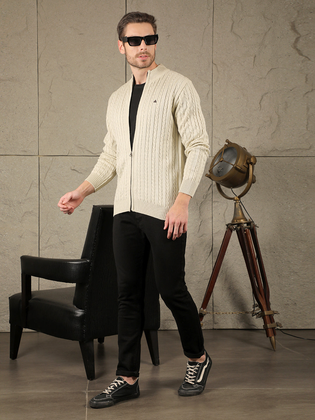 COBB BEIGE SELF-DESIGN ROUND NECK ZIP-UP SWEATER