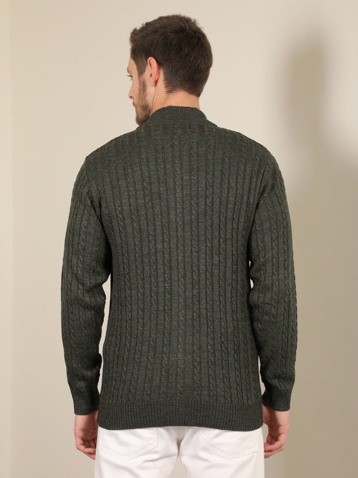 cobb dark green self-design round neck zip-up sweater