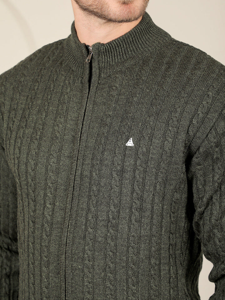 cobb dark green self-design round neck zip-up sweater