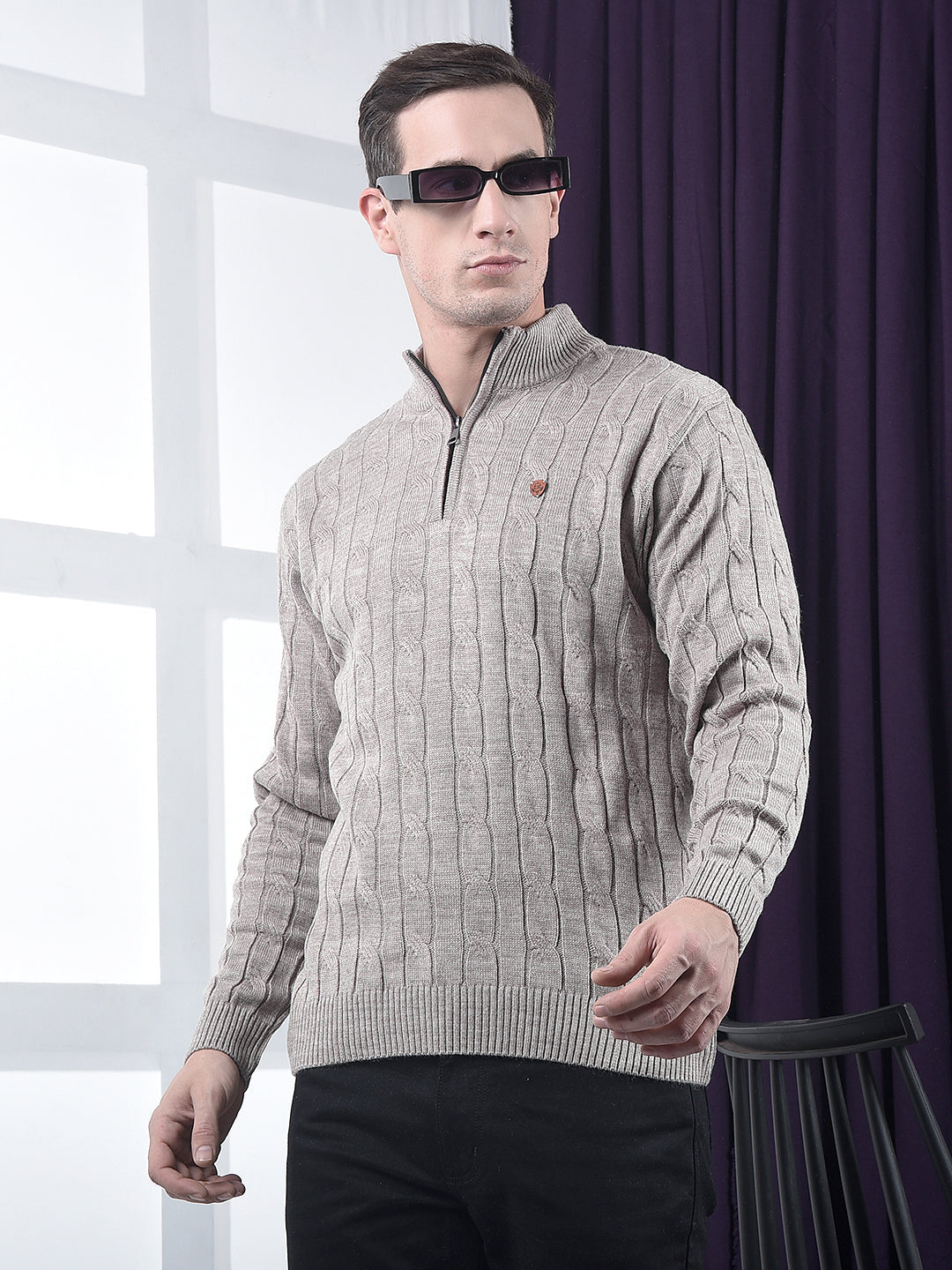 cobb beige self-design half-zipper sweater
