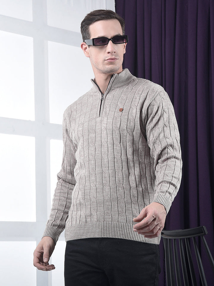 cobb beige self-design half-zipper sweater