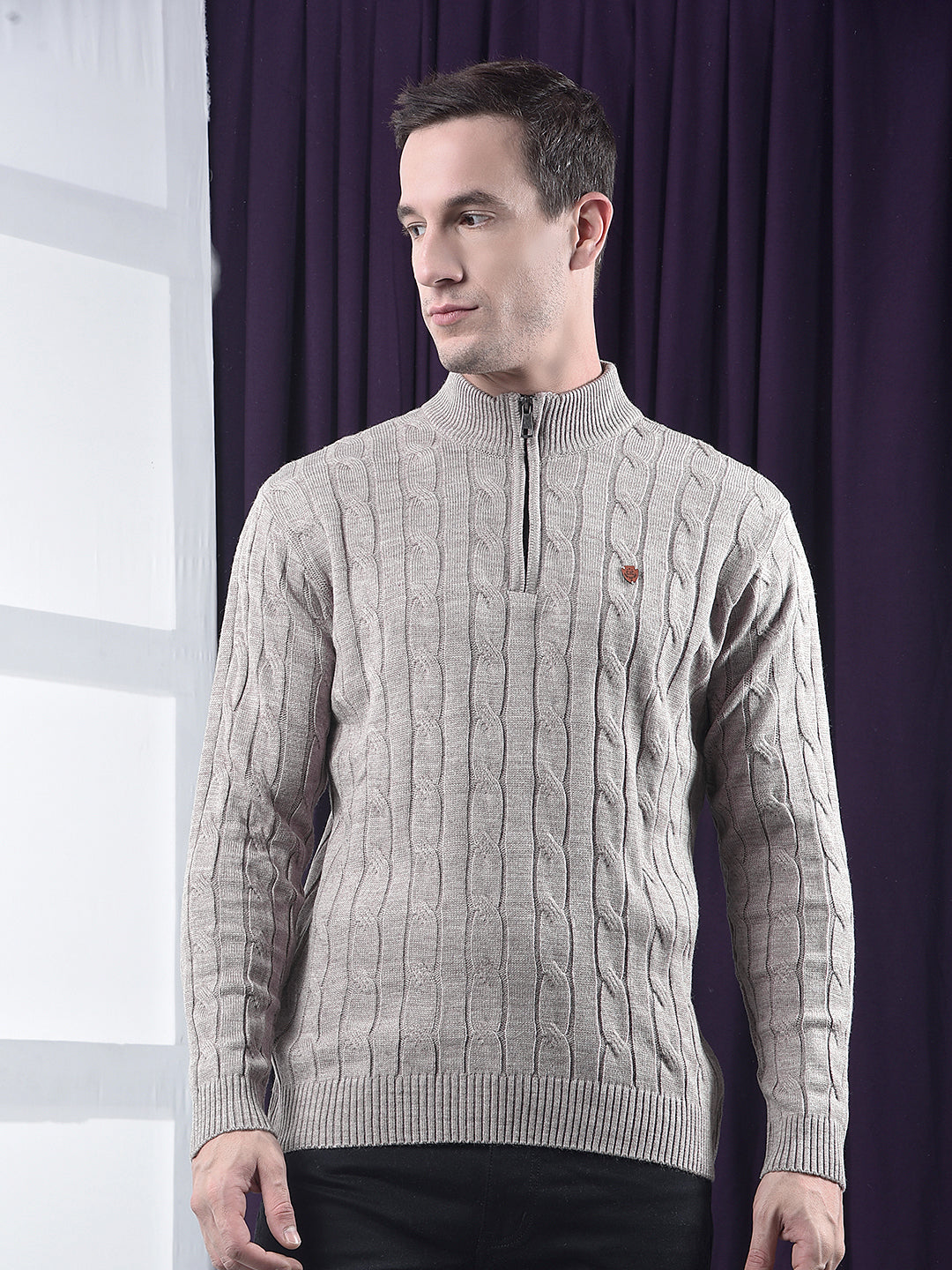 cobb beige self-design half-zipper sweater