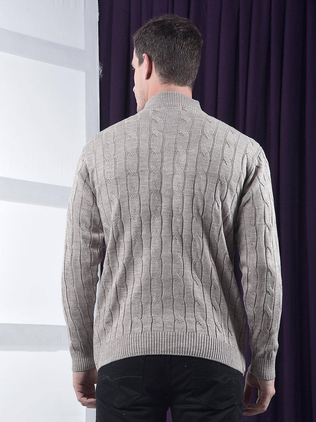 cobb beige self-design half-zipper sweater