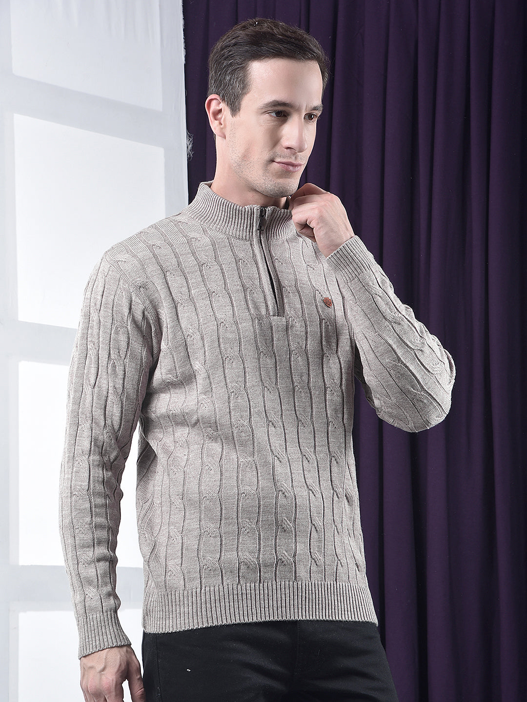 cobb beige self-design half-zipper sweater