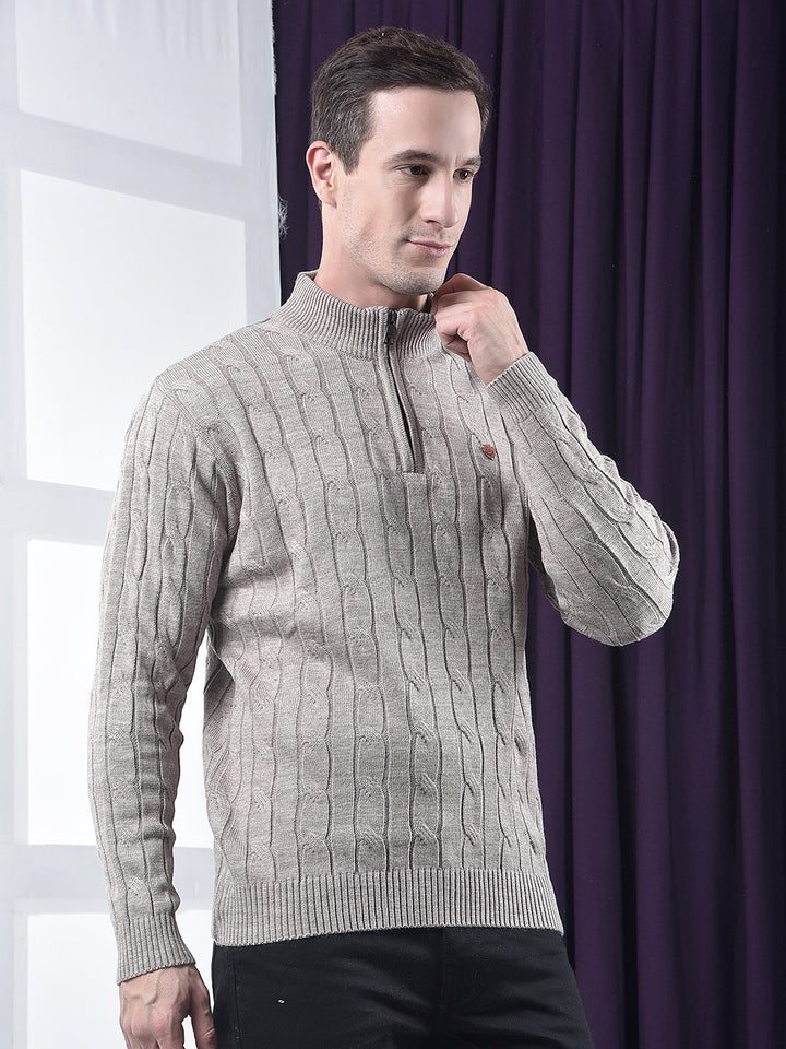 cobb beige self-design half-zipper sweater