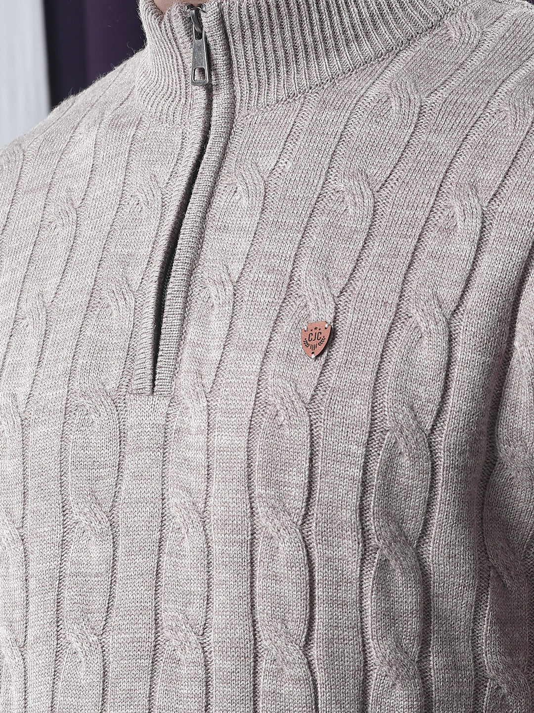 COBB BEIGE SELF-DESIGN HALF-ZIPPER SWEATER