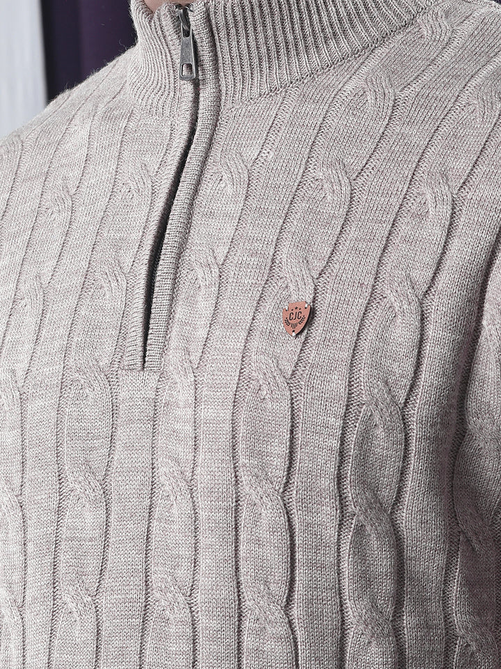 COBB BEIGE SELF-DESIGN HALF-ZIPPER SWEATER