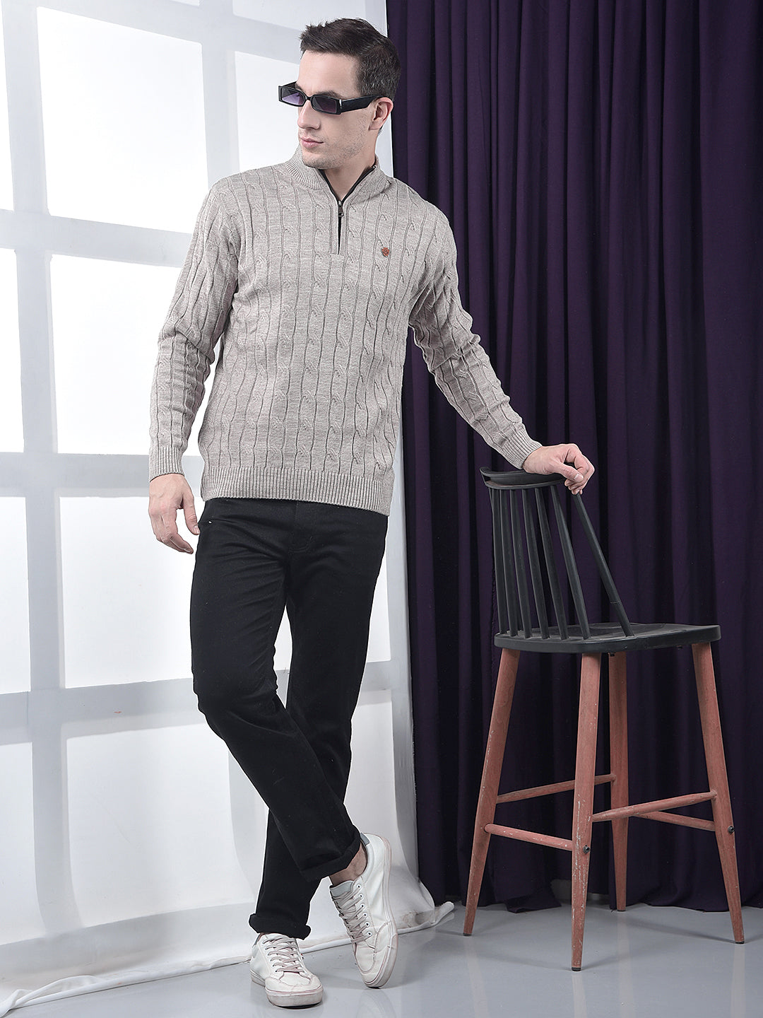 COBB BEIGE SELF-DESIGN HALF-ZIPPER SWEATER