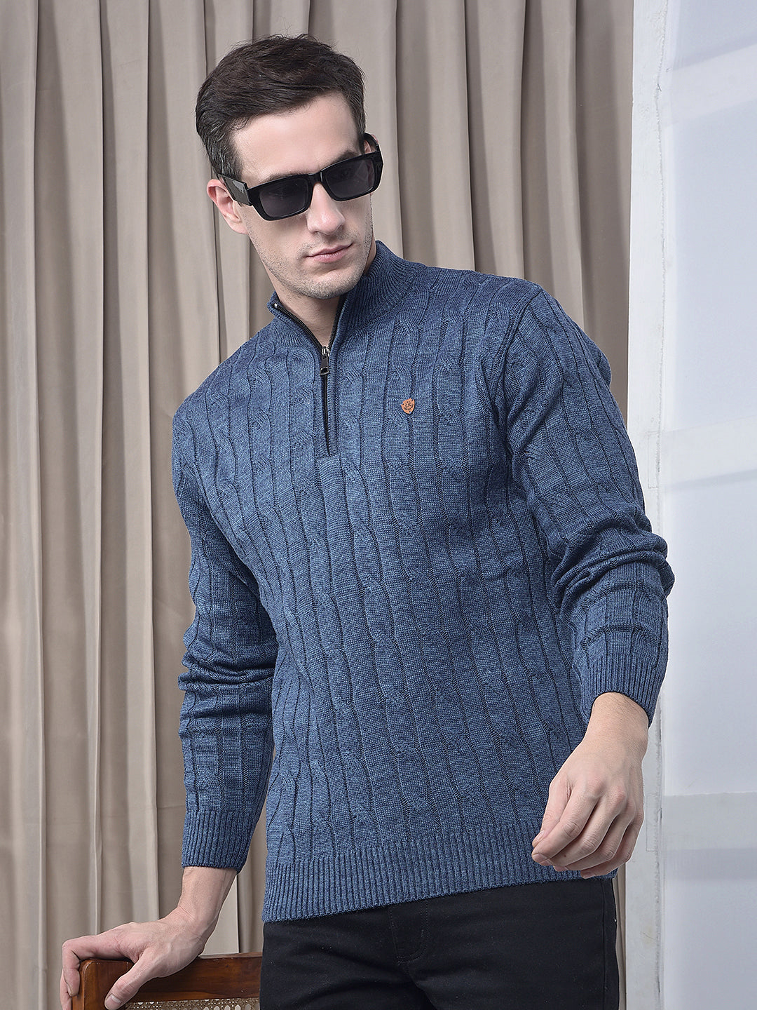 cobb denim blue self-design half-zipper sweater