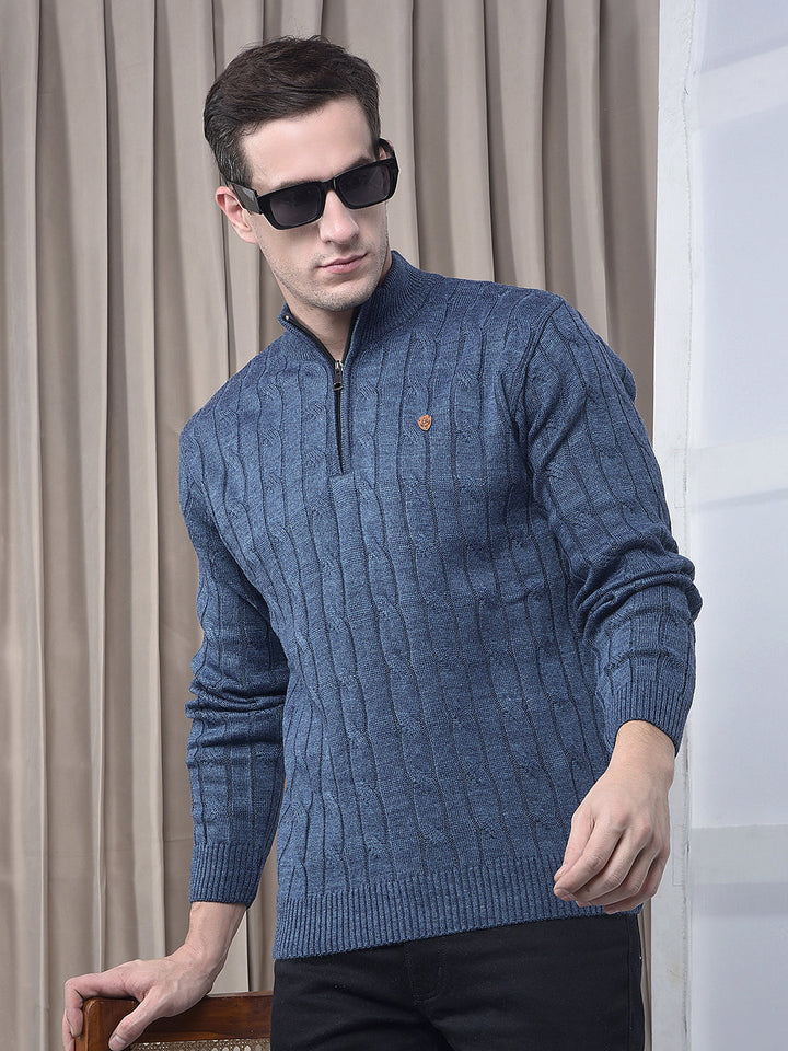 cobb denim blue self-design half-zipper sweater