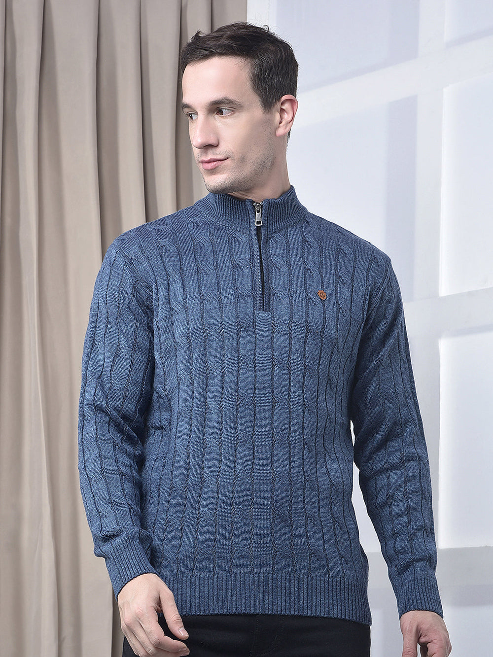 cobb denim blue self-design half-zipper sweater