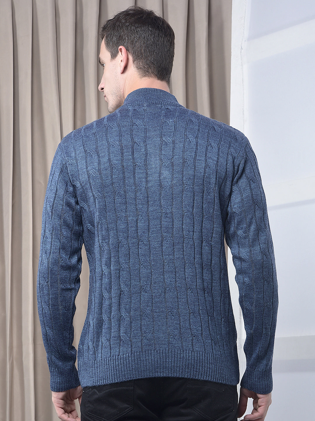 cobb denim blue self-design half-zipper sweater