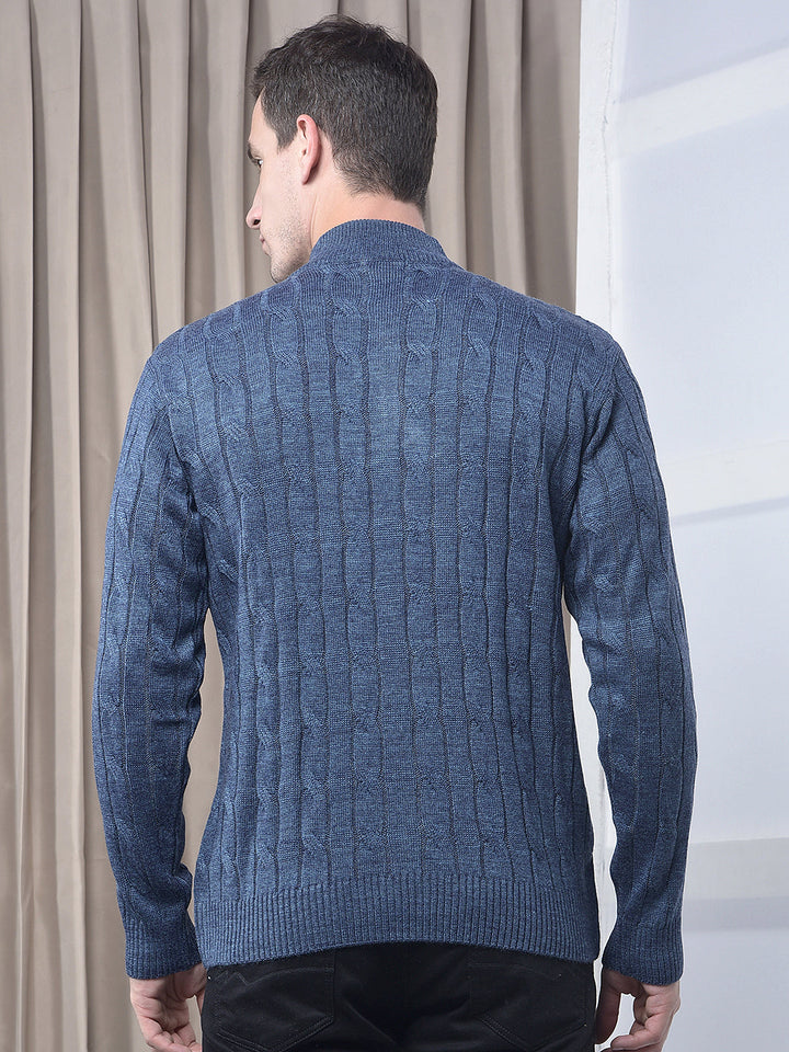 cobb denim blue self-design half-zipper sweater