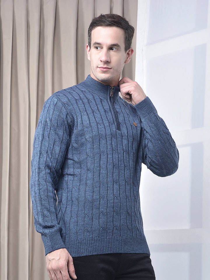 cobb denim blue self-design half-zipper sweater