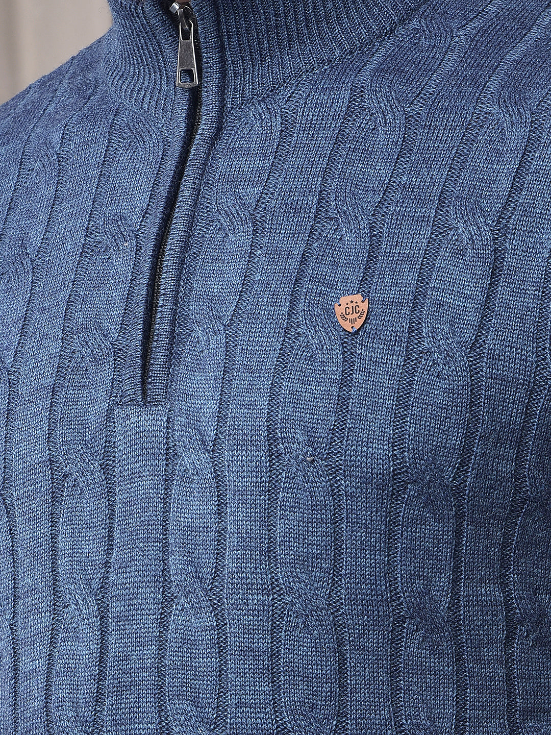 COBB DENIM BLUE SELF-DESIGN HALF-ZIPPER SWEATER