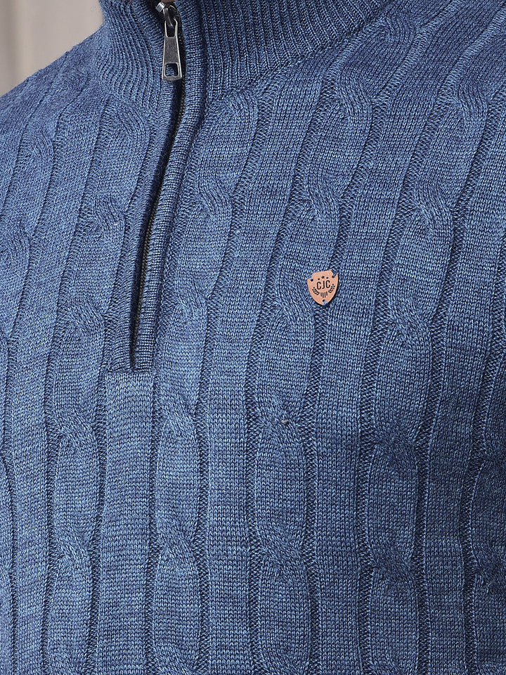 COBB DENIM BLUE SELF-DESIGN HALF-ZIPPER SWEATER