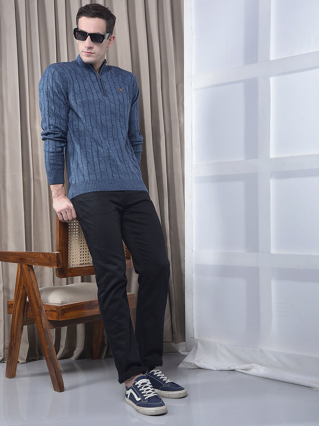 COBB DENIM BLUE SELF-DESIGN HALF-ZIPPER SWEATER