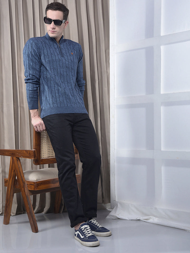 COBB DENIM BLUE SELF-DESIGN HALF-ZIPPER SWEATER