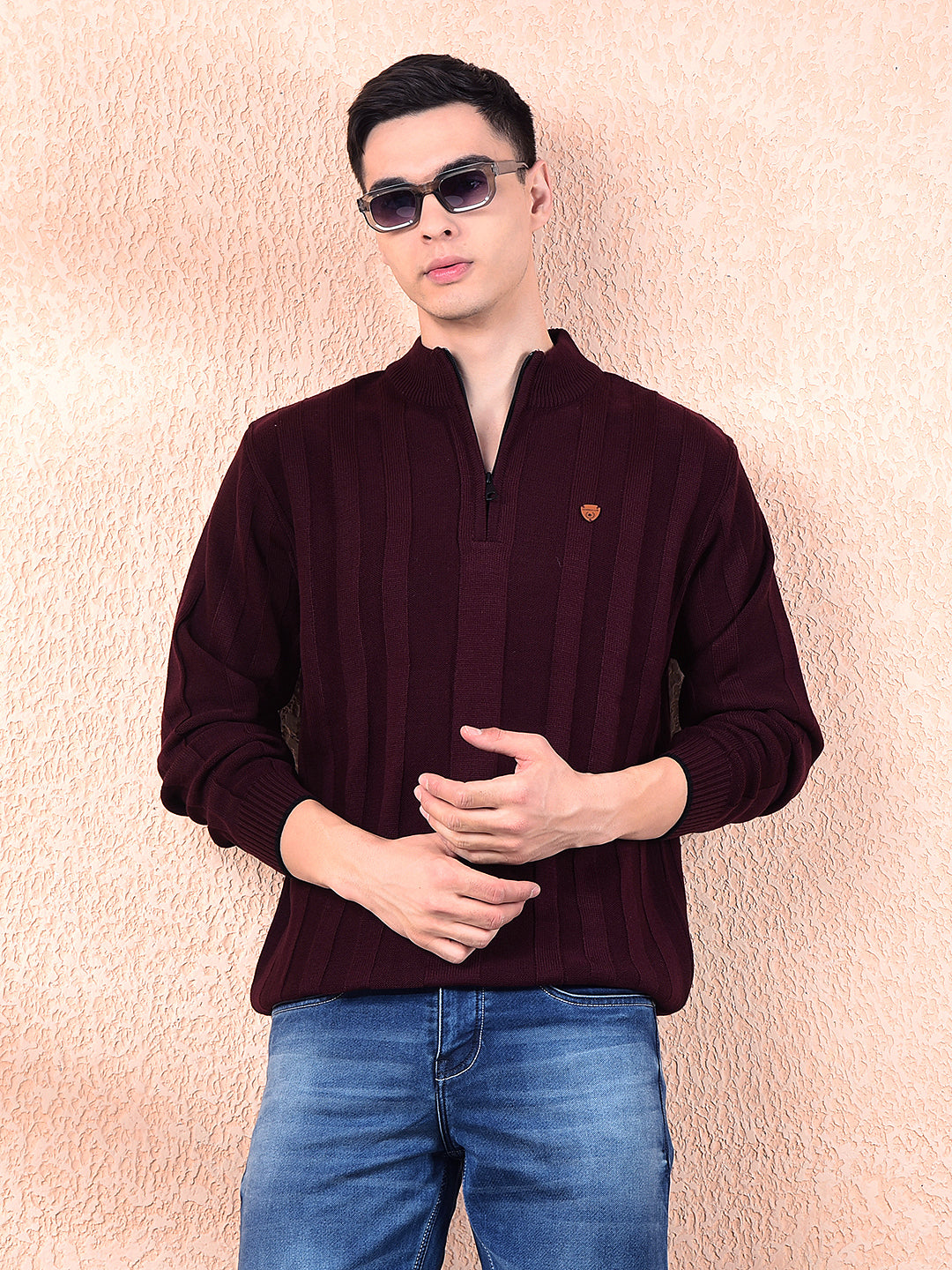 cobb mehroon self-design zipper sweater