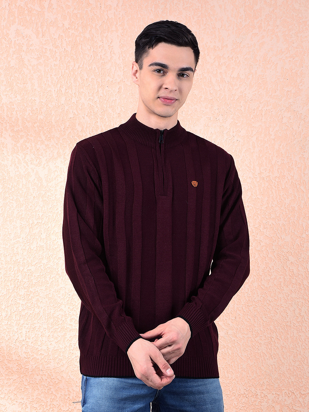 cobb mehroon self-design zipper sweater